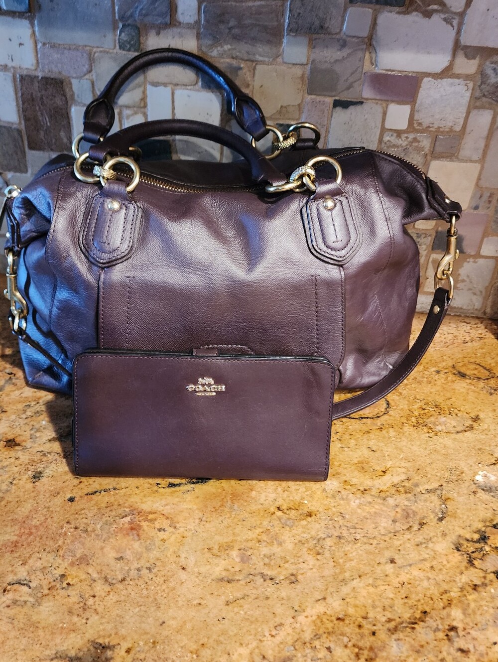 Coach Leather Satchel and Wallet in Plum with Gold Hardware